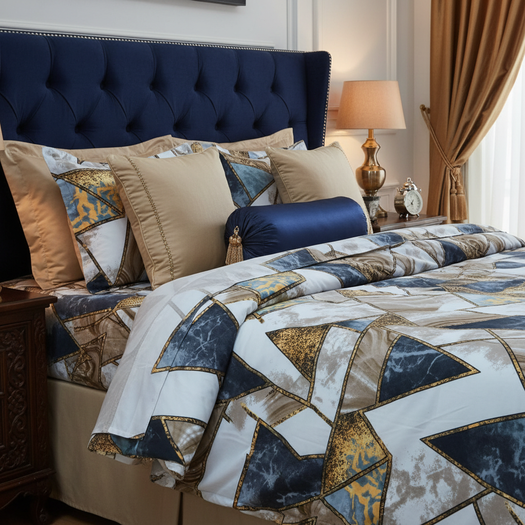 Luxury Geometric Marble Bedsheet Set - Navy Blue Gold Beige Agate Design with Pillow Covers - Queen Size