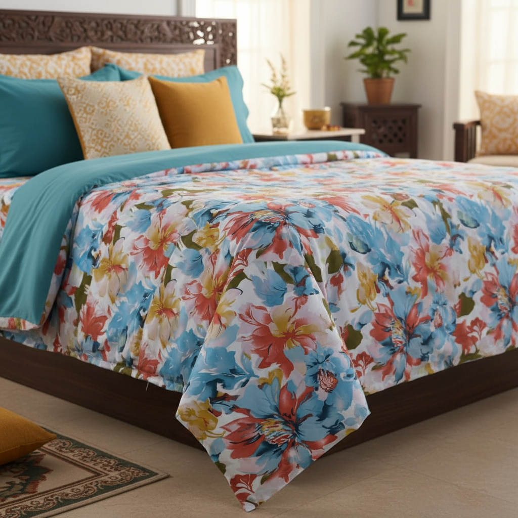 Vibrant Watercolor Floral Bedsheet Set - Blue Coral Yellow Pink Design with Pillow Covers - Queen Size