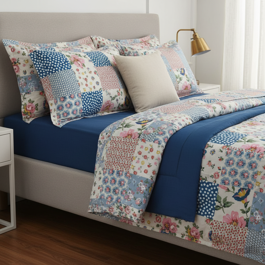 Premium Patchwork Floral Bedsheet Set - Cottage Style Pink Blue Polka Dots with Pillow Covers - Queen Size