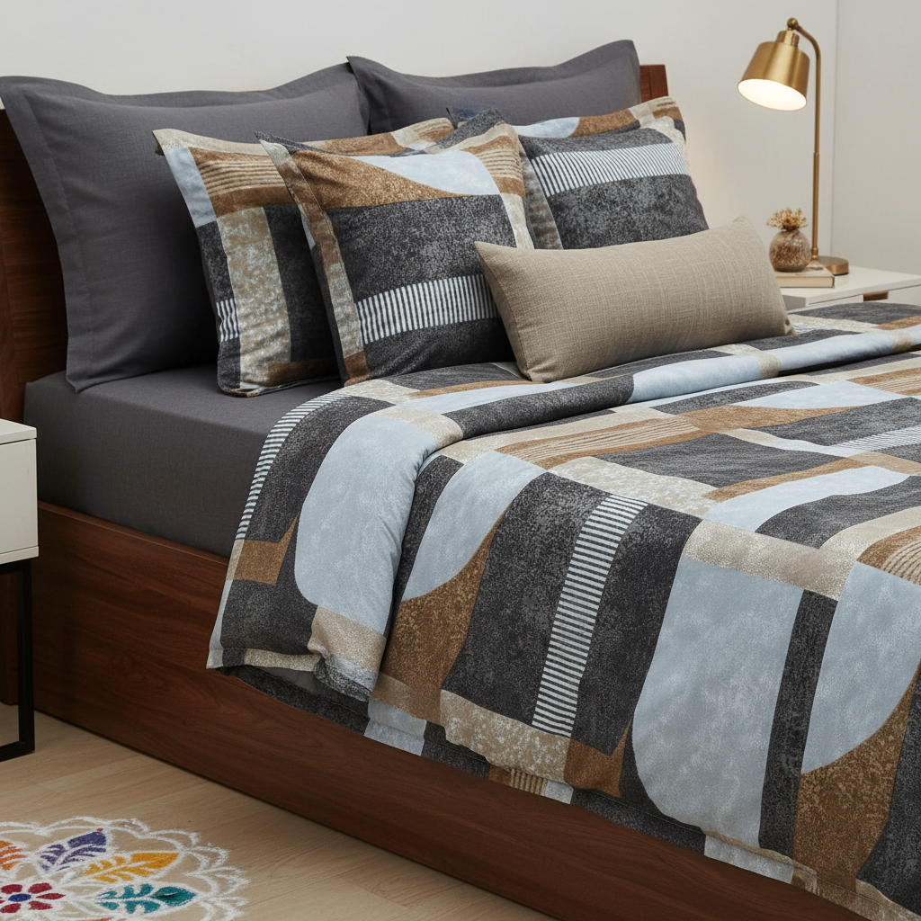 Modern Geometric Abstract Bedsheet Set - Grey Blue Brown Striped Design with Pillow Covers - Queen Size