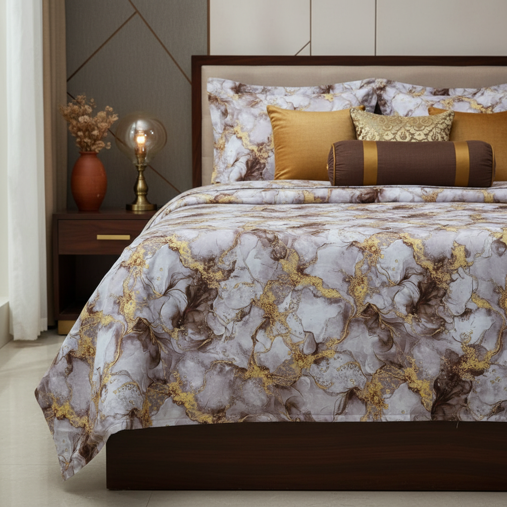 Luxury Grey Gold Watercolor Floral Bedsheet Set - Elegant Abstract Design with Pillow Covers - Queen Size