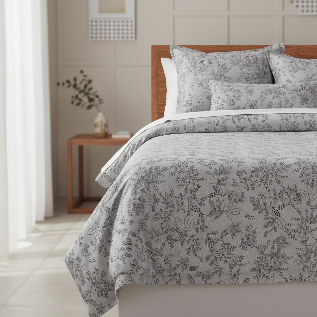 Premium Botanical Leaf Pattern Bedsheet Set - Grey & White with Pillow Covers - Queen Size
