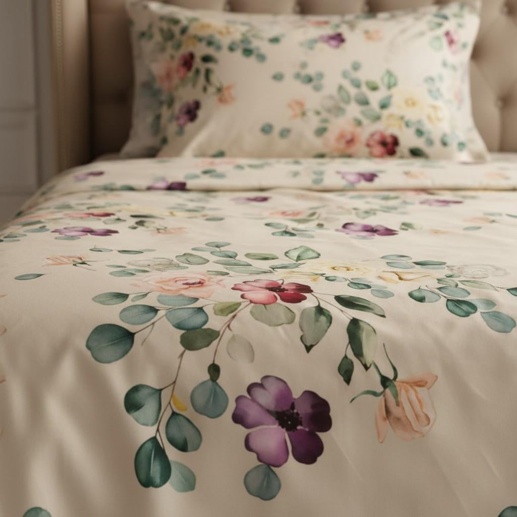 Eucalyptus Floral King Size Bedsheet - 7D Digital Print with 2 Pillow Covers - 108x108 inch