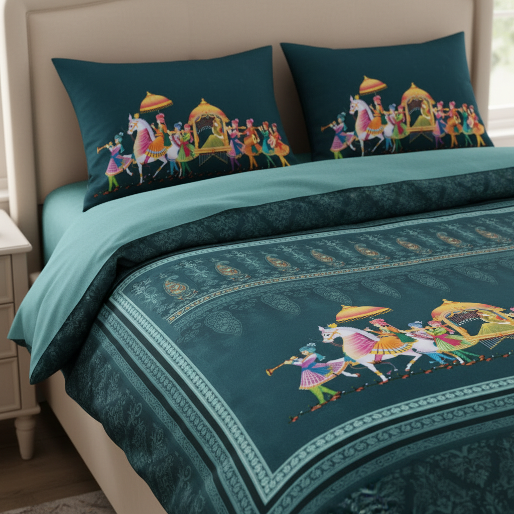 Royal Procession King Size Bedsheet 7D Digital Print with 2 Pillow Covers - 108x108 inch