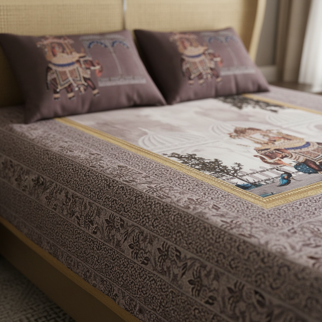 Royal Elephant Heritage Bedsheet King Size 7D Digital Print with 2 Pillow Covers - 108x108 inch