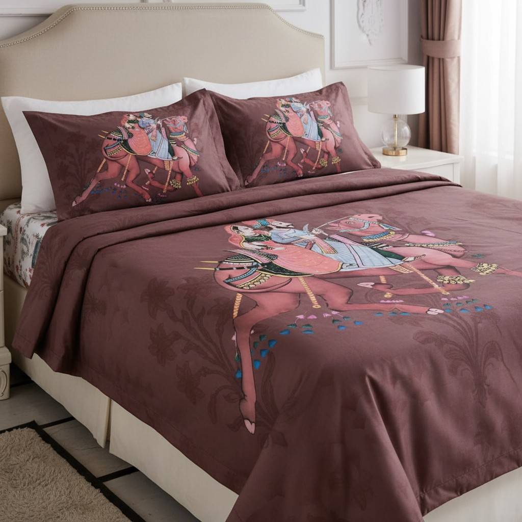 Rajasthani Royal Couple Bedsheet King Size 7D Digital Print with 2 Pillow Covers - 108x108 inch