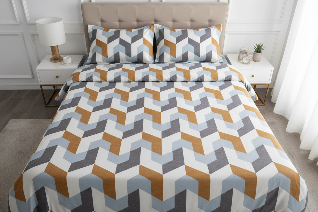 Geometric Chevron King Size Bedsheet – Teal, Gold & Grey