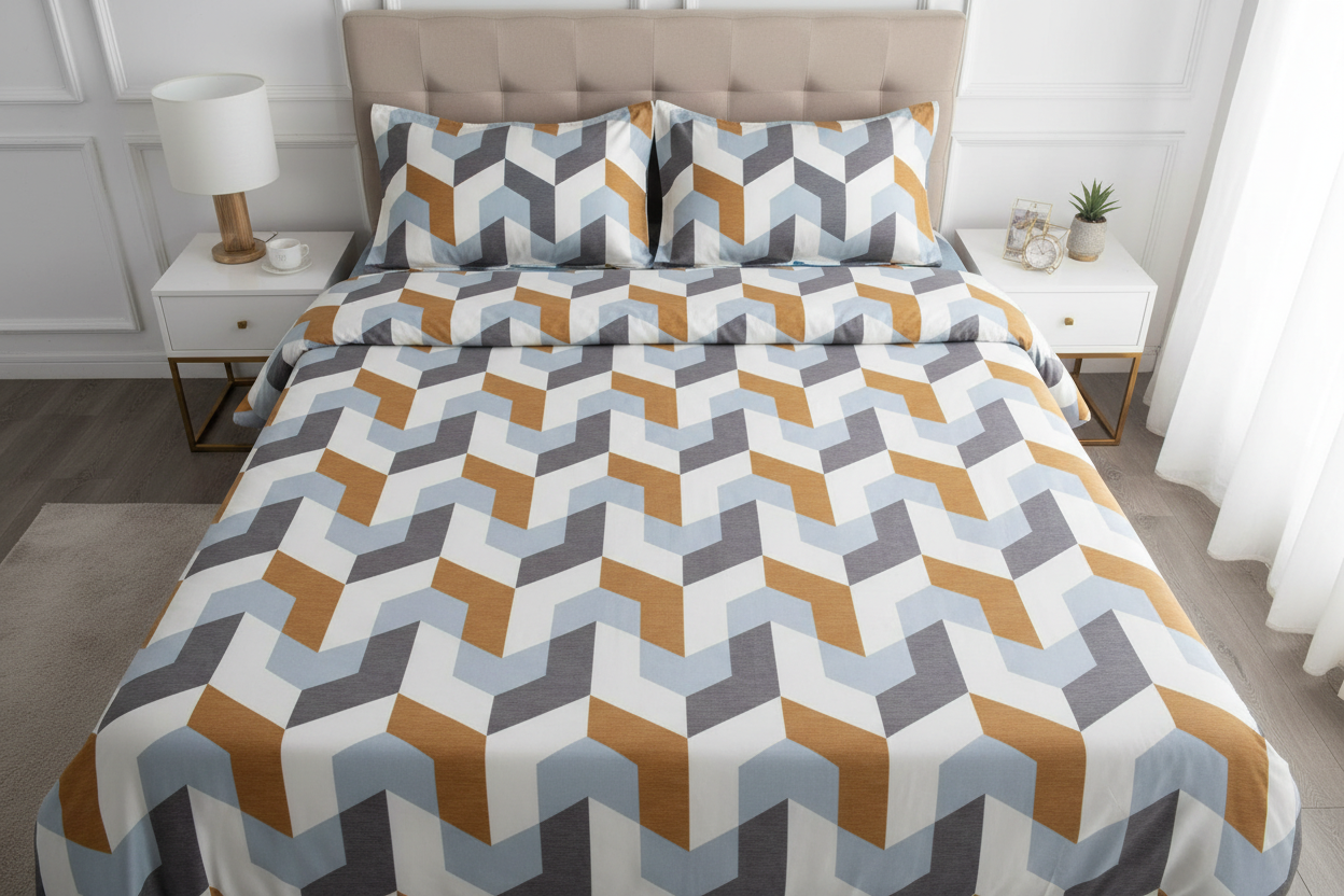 Geometric Chevron King Size Bedsheet – Teal, Gold & Grey