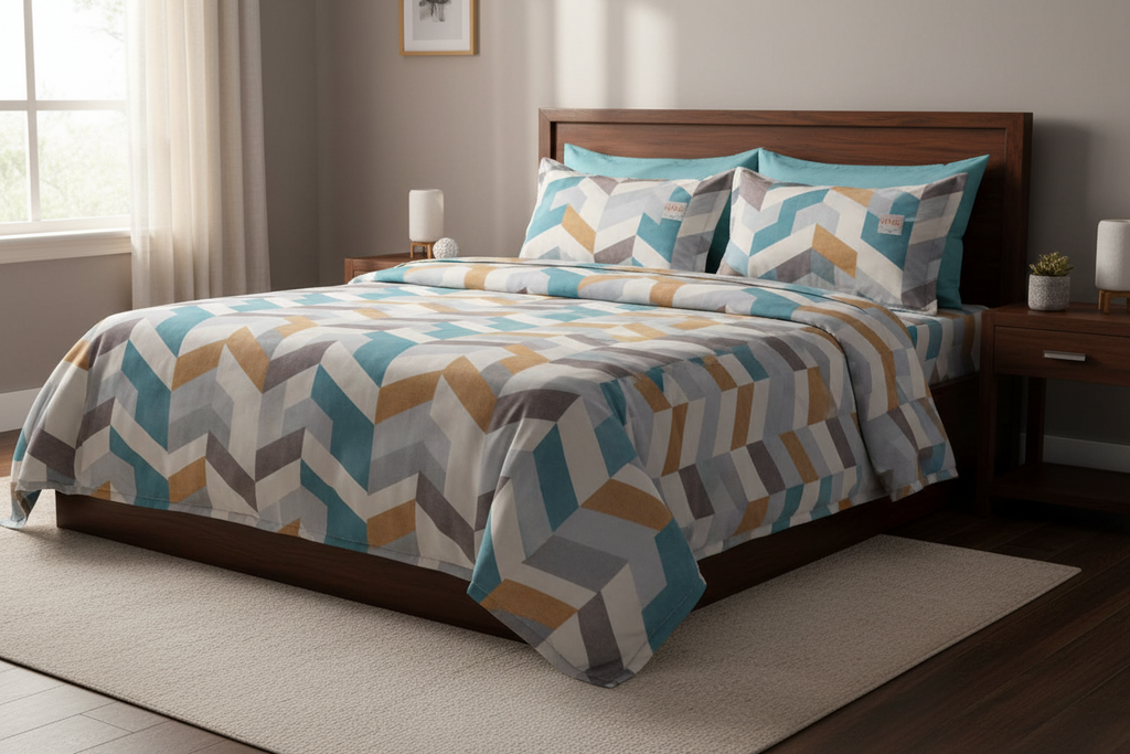 Geometric Chevron King Size Bedsheet – Teal, Gold & Grey