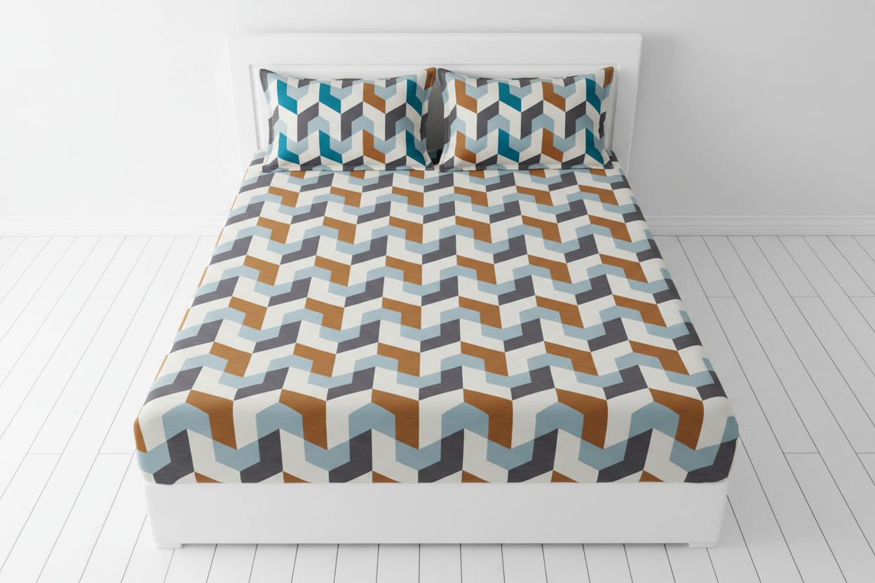 Geometric Chevron King Size Bedsheet – Teal, Gold & Grey