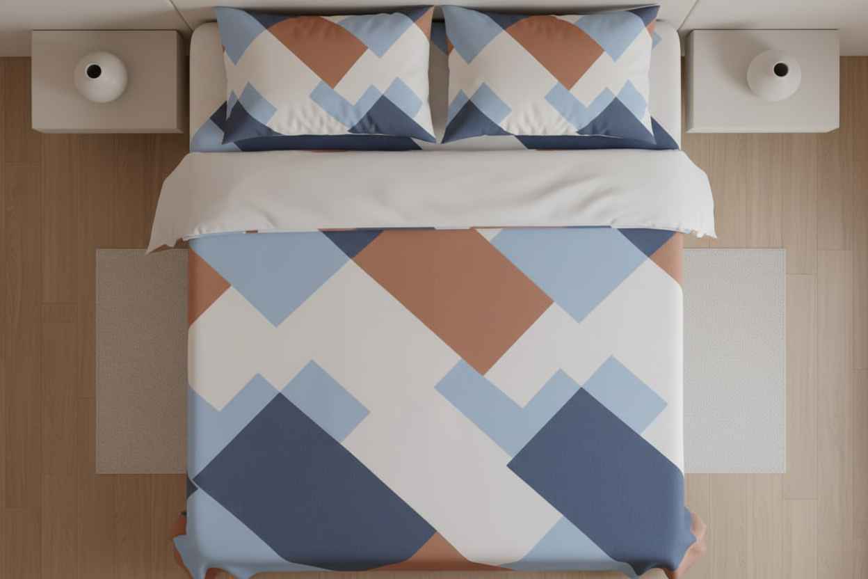 Geometric Colour Block Bedsheet Set — Blue & Terracotta