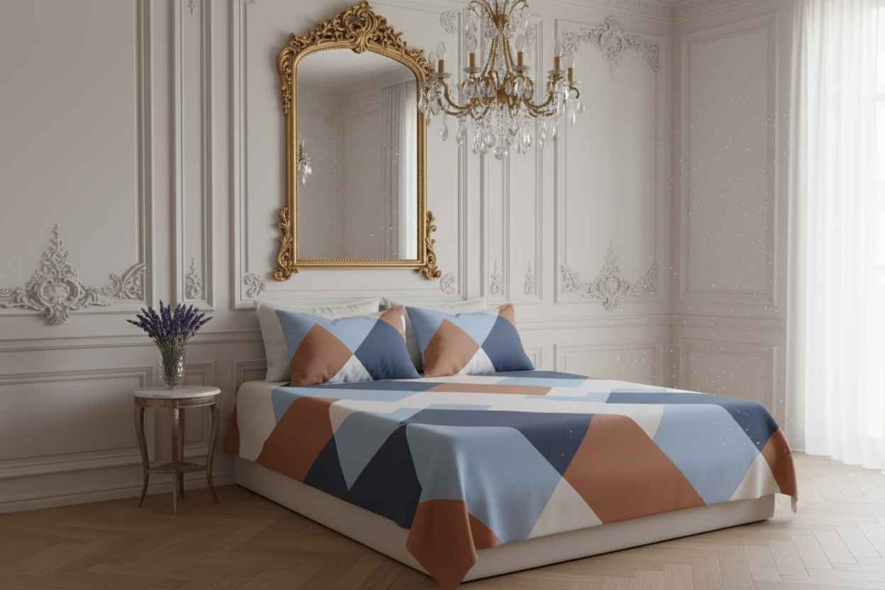 Geometric Colour Block Bedsheet Set — Blue & Terracotta