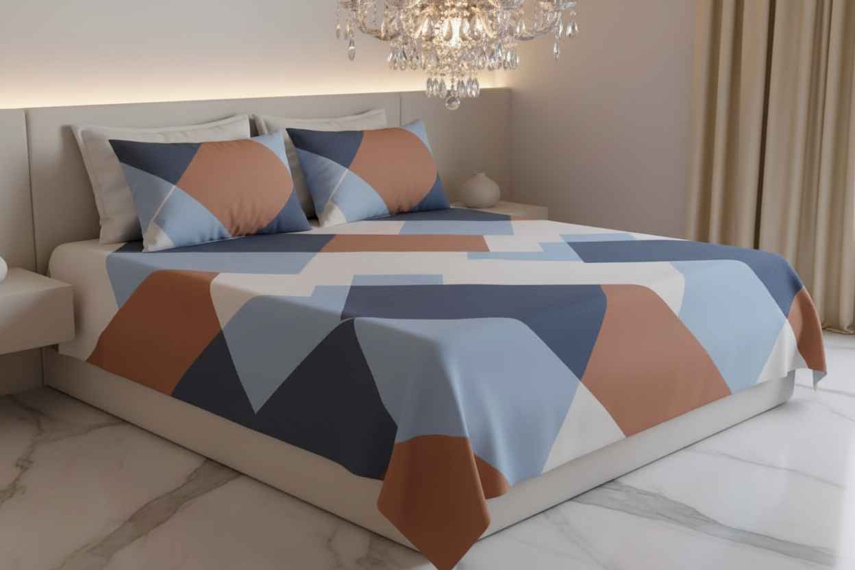 Geometric Colour Block Bedsheet Set — Blue & Terracotta