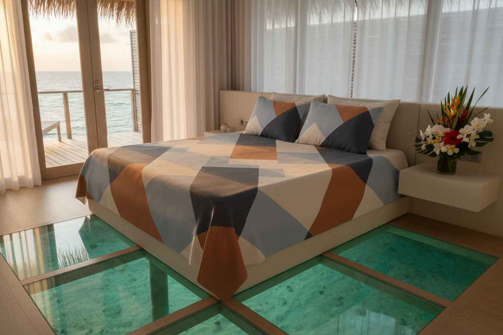 Geometric Colour Block Bedsheet Set — Blue & Terracotta