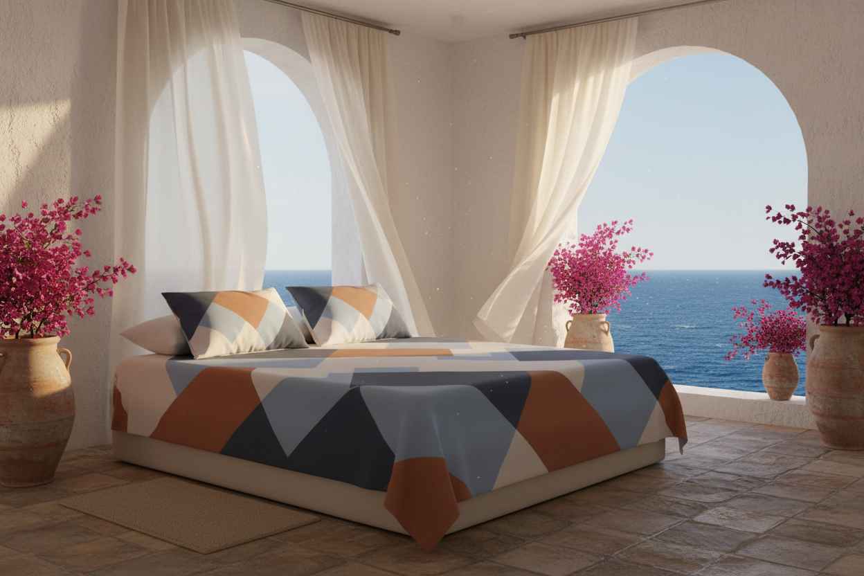 Geometric Colour Block Bedsheet Set — Blue & Terracotta