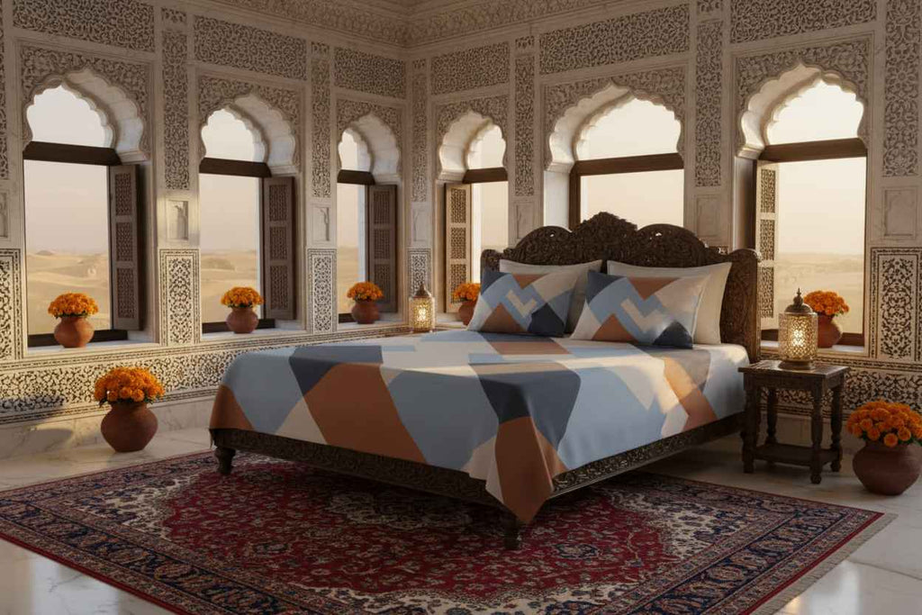 Geometric Colour Block Bedsheet Set — Blue & Terracotta