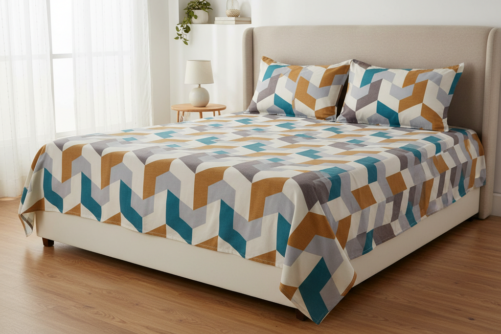 Geometric Chevron King Size Bedsheet – Teal, Gold & Grey
