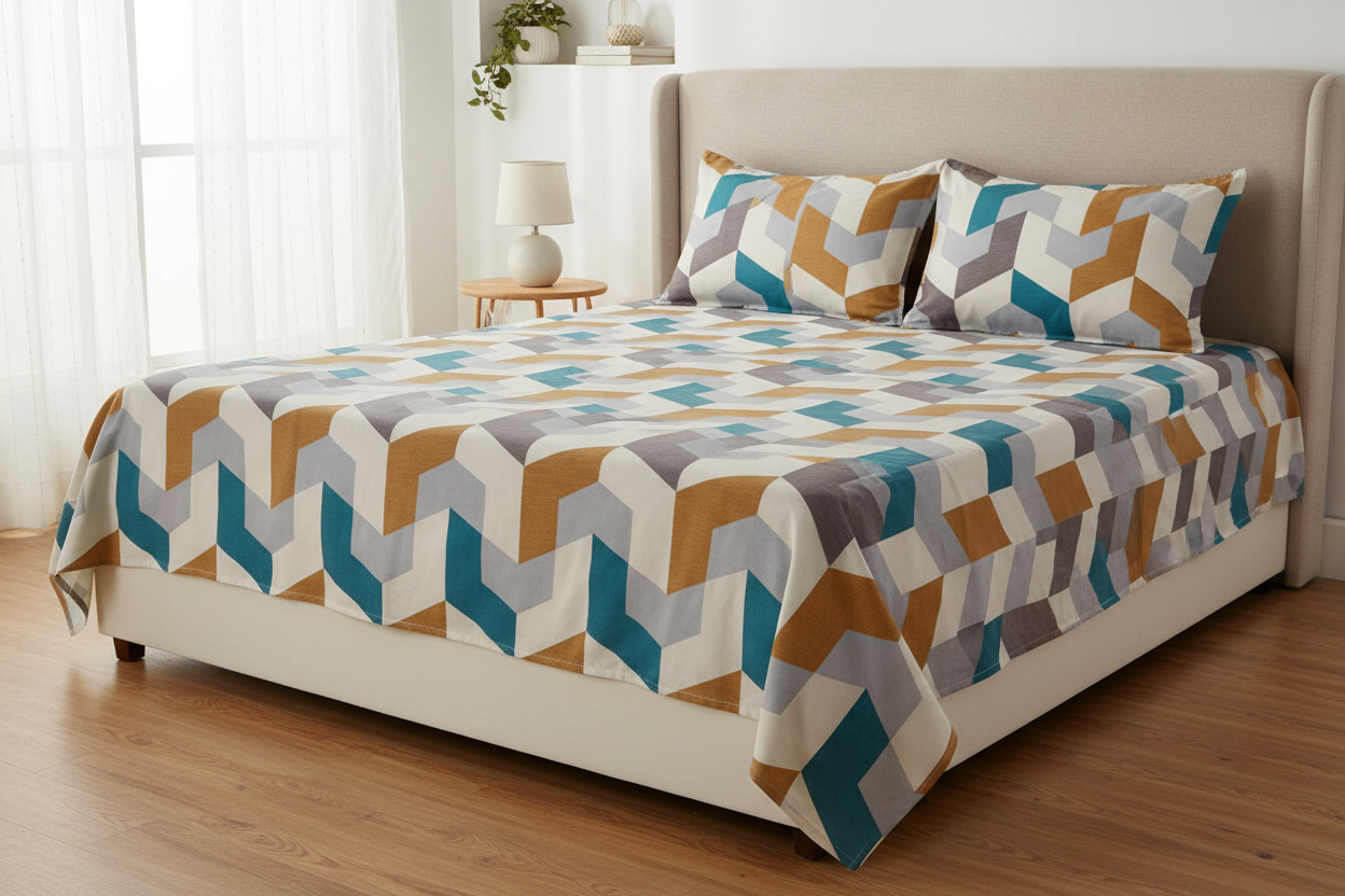 Geometric Chevron King Size Bedsheet – Teal, Gold & Grey