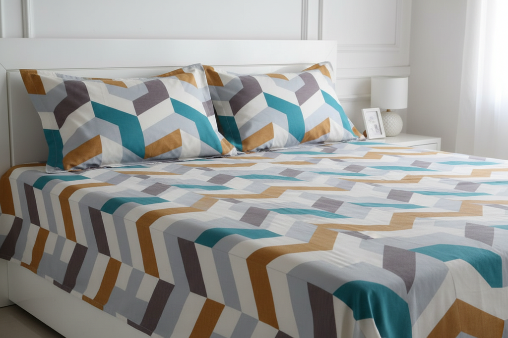 Geometric Chevron King Size Bedsheet – Teal, Gold & Grey