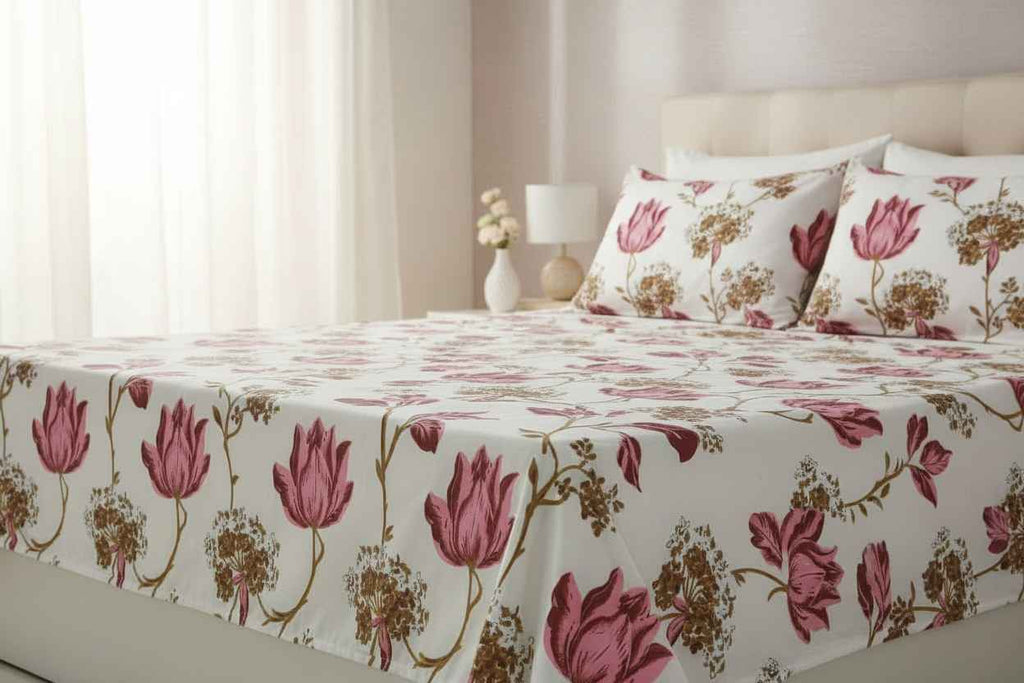 Tulip & Wildflower Botanical Bedsheet Set — White & Magenta