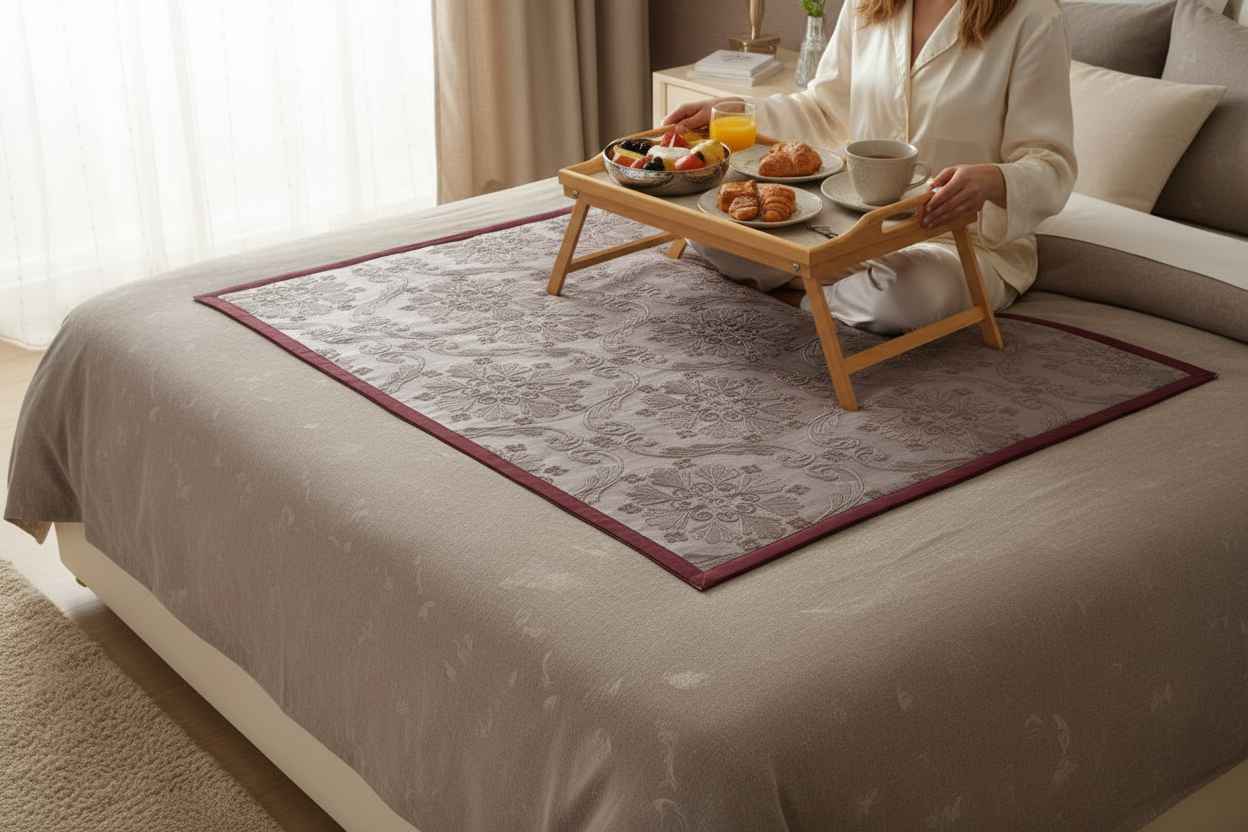 Jacquard Bed Server Mat | Premium Damask Weave with Maroon Border
