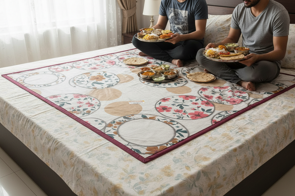 Floral Circle Print Bed Server Mat | Cotton Linen | Maroon Border
