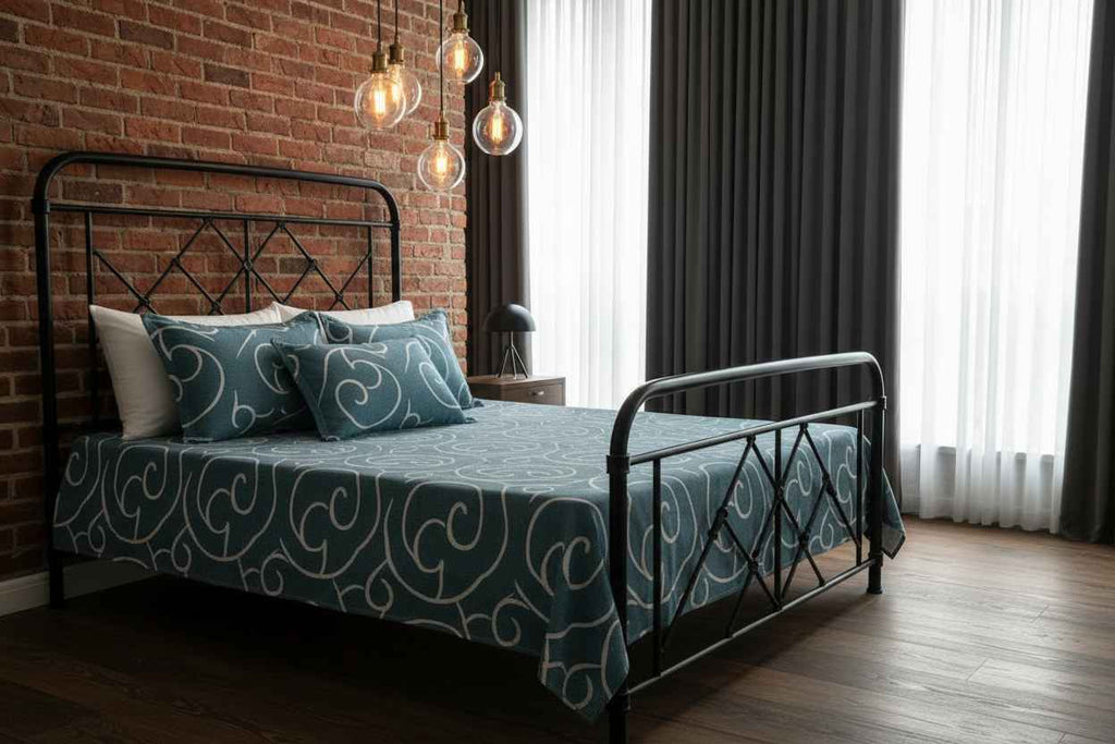 Teal Swirl Print Double Bedsheet with Pillow Covers