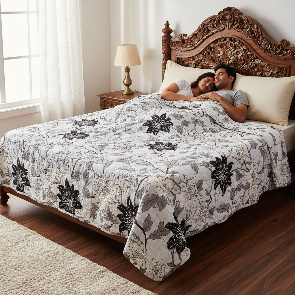 Summer Comforter Black White Lily Floral Double Bed  | Elegant Quilted Bedding
