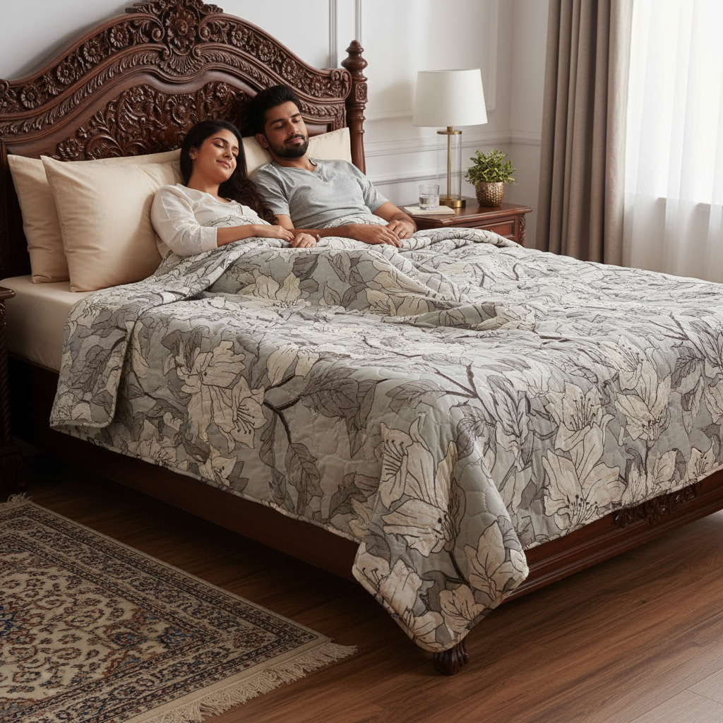 Summer Comforter Black White Lily Floral Double Bed  | Elegant Quilted Bedding