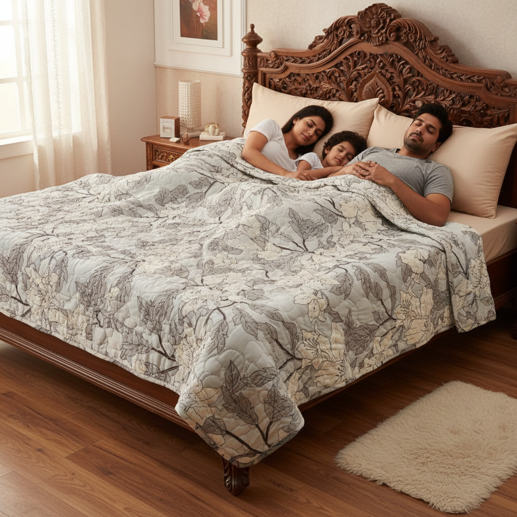 Summer Comforter Black White Lily Floral Double Bed  | Elegant Quilted Bedding