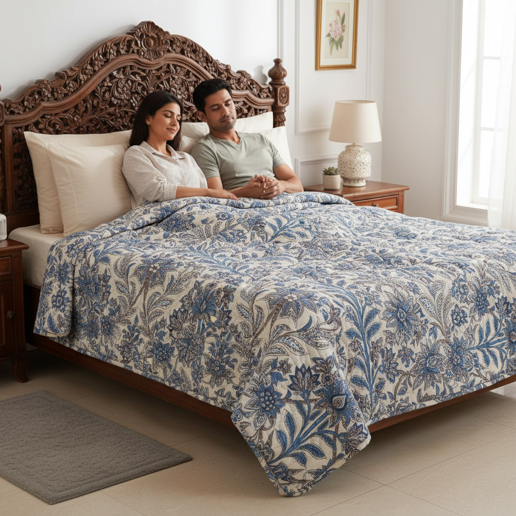 Summer Comforter Blue Botanical Paisley Double Bed  | Elegant Quilted Bedding