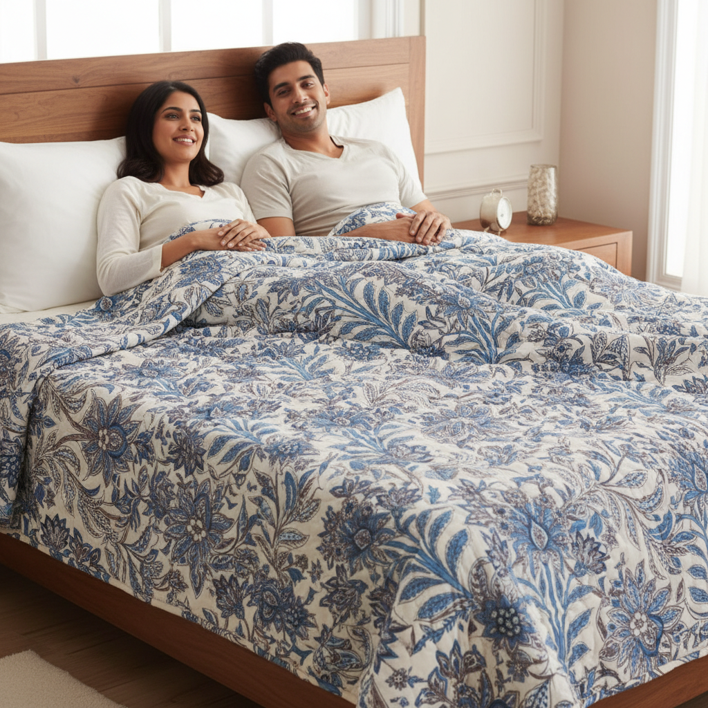 Summer Comforter Blue Botanical Paisley Double Bed  | Elegant Quilted Bedding