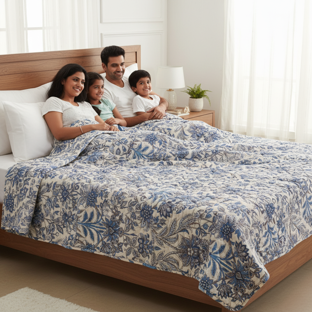 Summer Comforter Blue Botanical Paisley Double Bed  | Elegant Quilted Bedding