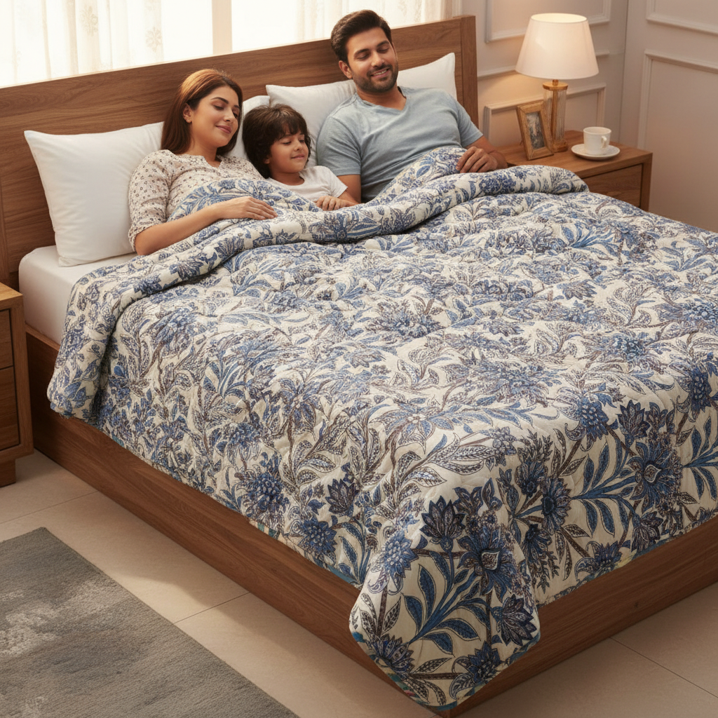 Summer Comforter Blue Botanical Paisley Double Bed  | Elegant Quilted Bedding