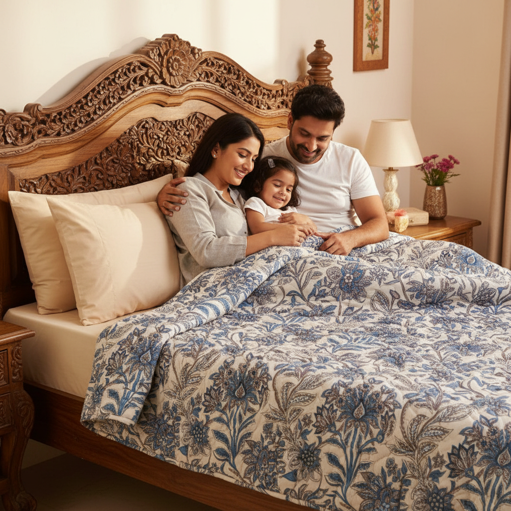 Summer Comforter Blue Botanical Paisley Double Bed  | Elegant Quilted Bedding