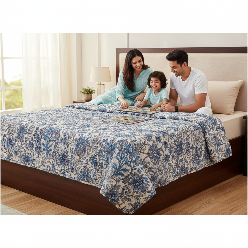 Summer Comforter Blue Botanical Paisley Double Bed  | Elegant Quilted Bedding