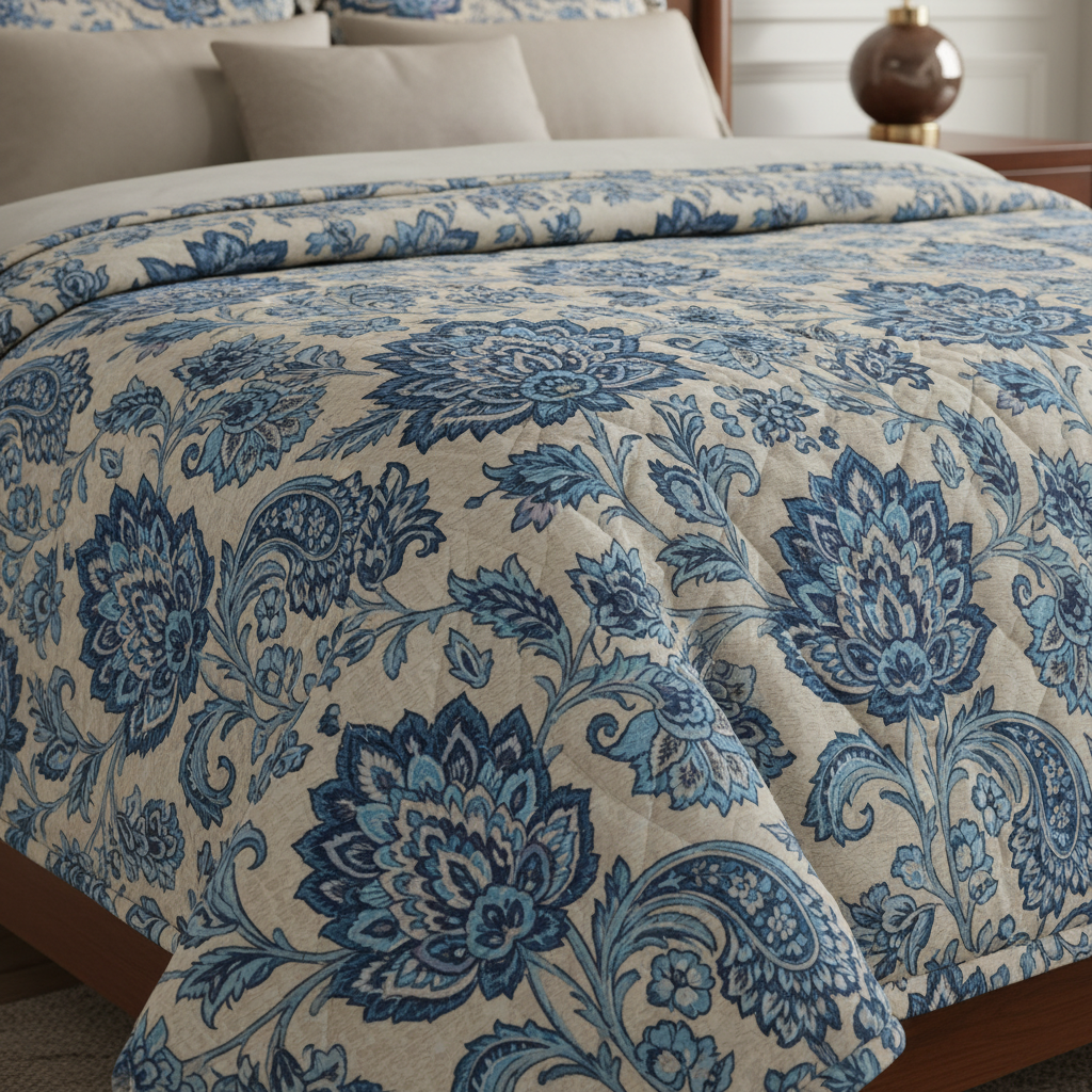 Summer Comforter Blue Botanical Paisley Double Bed  | Elegant Quilted Bedding