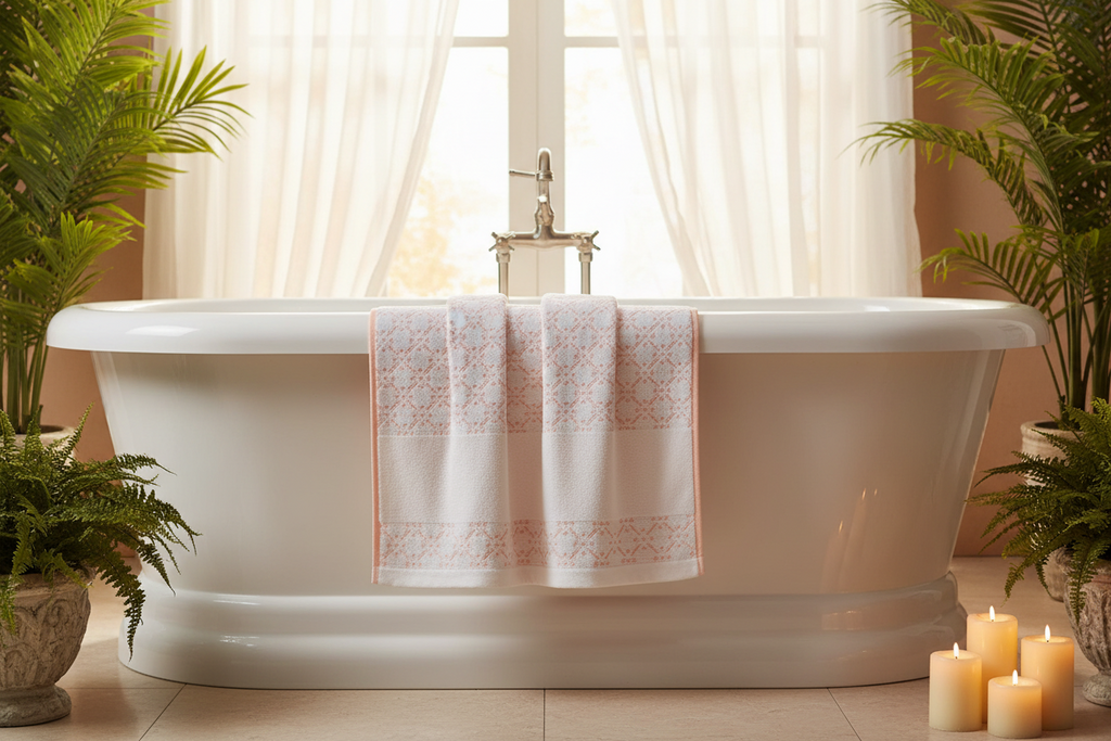 Cotton Bath Towel | Blush Pink Geometric Jacquard | Ultra Soft, Super Absorbent & Quick Dry | Unisex