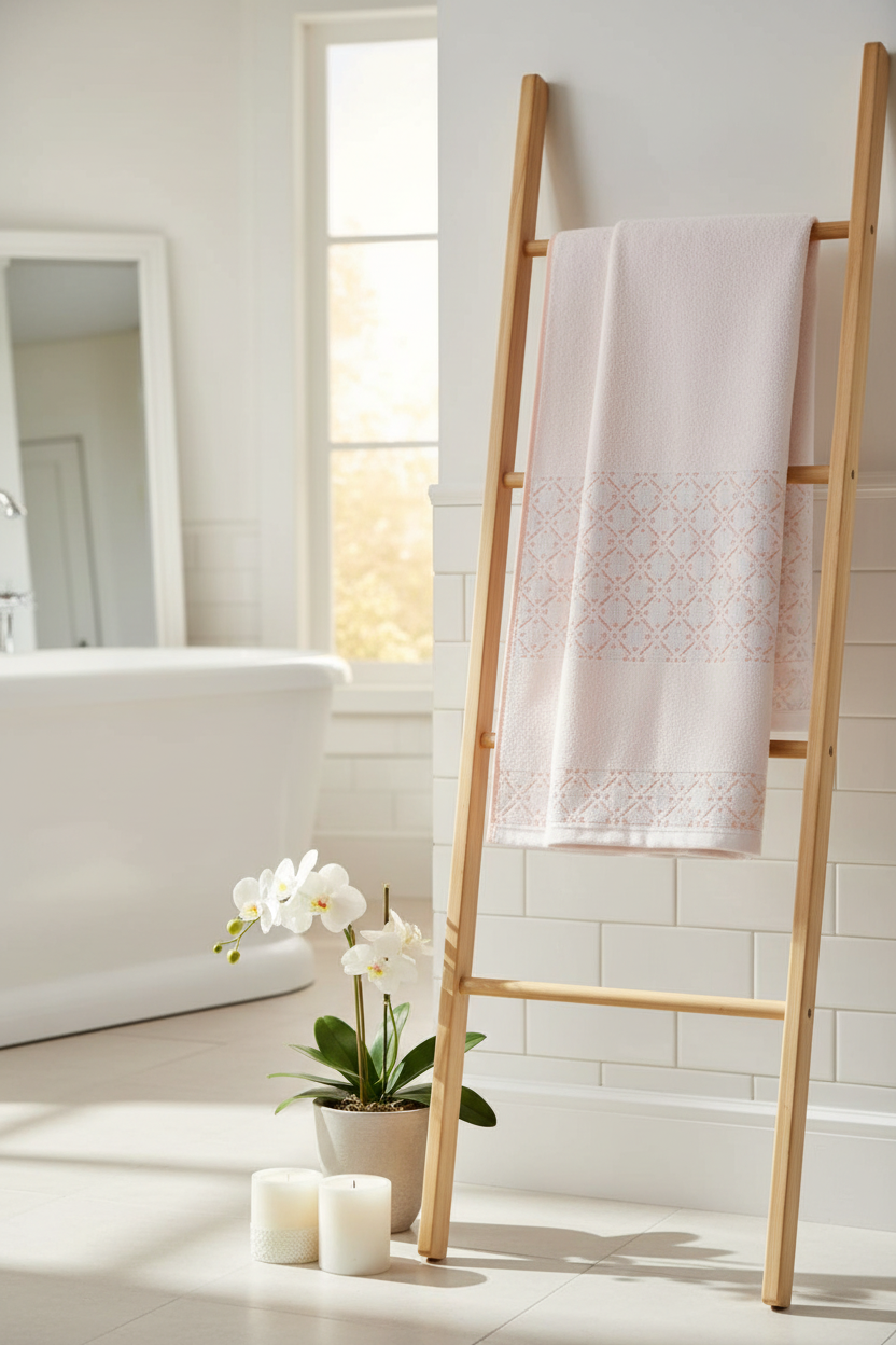 Cotton Bath Towel | Blush Pink Geometric Jacquard | Ultra Soft, Super Absorbent & Quick Dry | Unisex