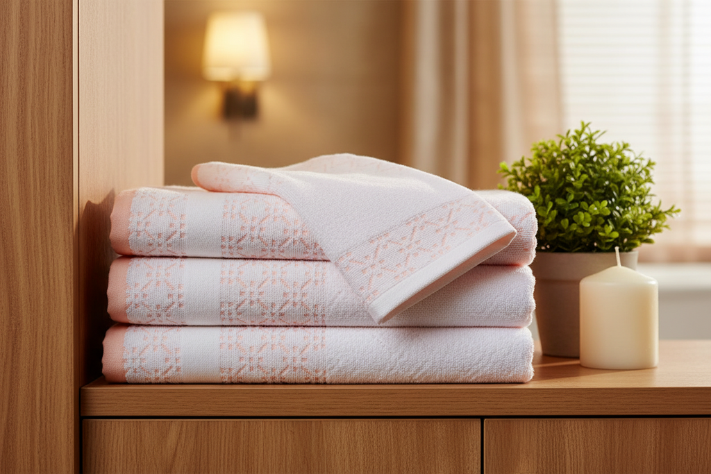 Cotton Bath Towel | Blush Pink Geometric Jacquard | Ultra Soft, Super Absorbent & Quick Dry | Unisex