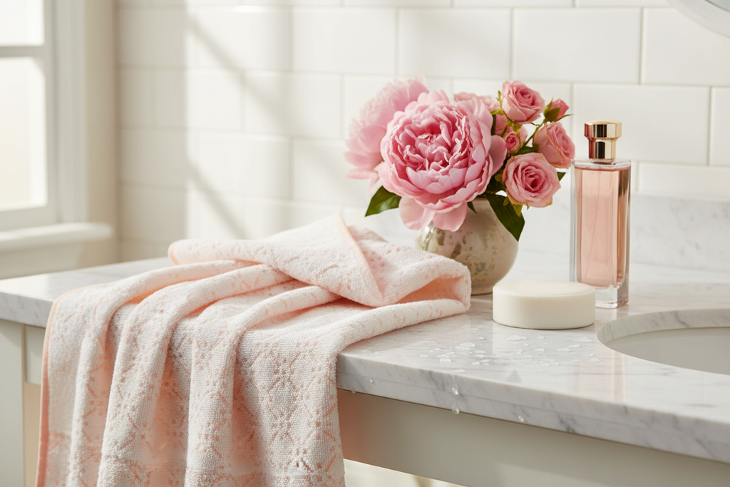 Cotton Bath Towel | Blush Pink Geometric Jacquard | Ultra Soft, Super Absorbent & Quick Dry | Unisex