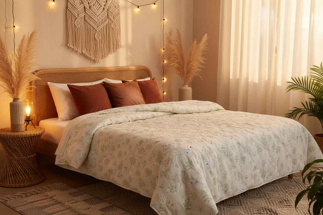 White Botanical Double Bed Comforter | Floral Summer Quilted Bedding