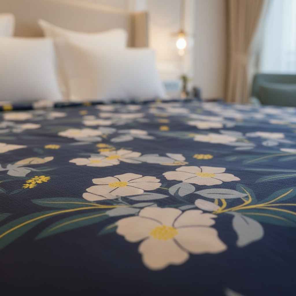 Navy Floral Bedsheet – Double Bed | White Hibiscus Print