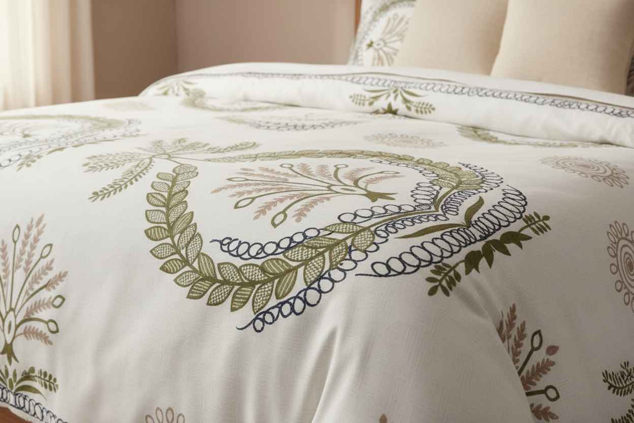 Double Bed Bedsheet – Botanical Wreath Print | White & Olive Green