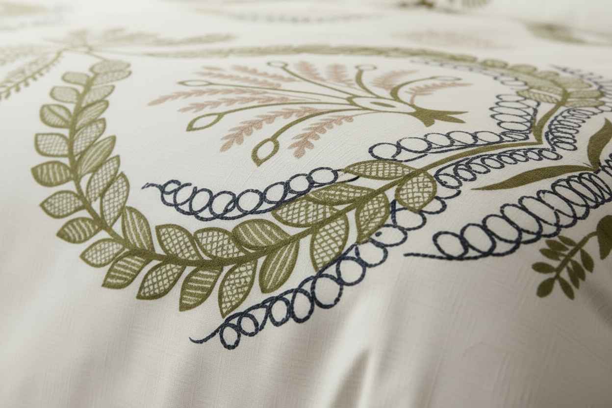 Double Bed Bedsheet – Botanical Wreath Print | White & Olive Green
