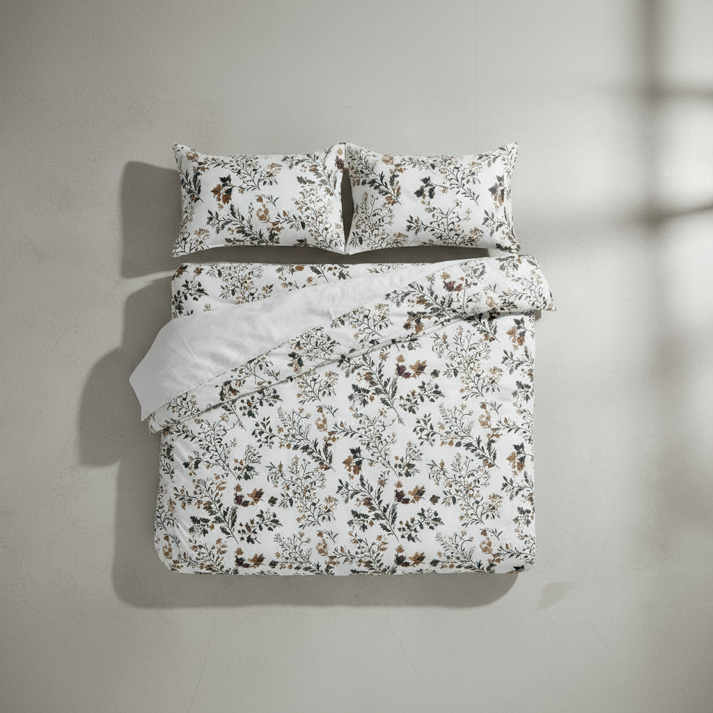 King Size Bedsheet Set - Designer Collection | 108x108 Inches | 1 Bedsheet + 2 Pillow Covers | Artistic black and brown leaf patterns