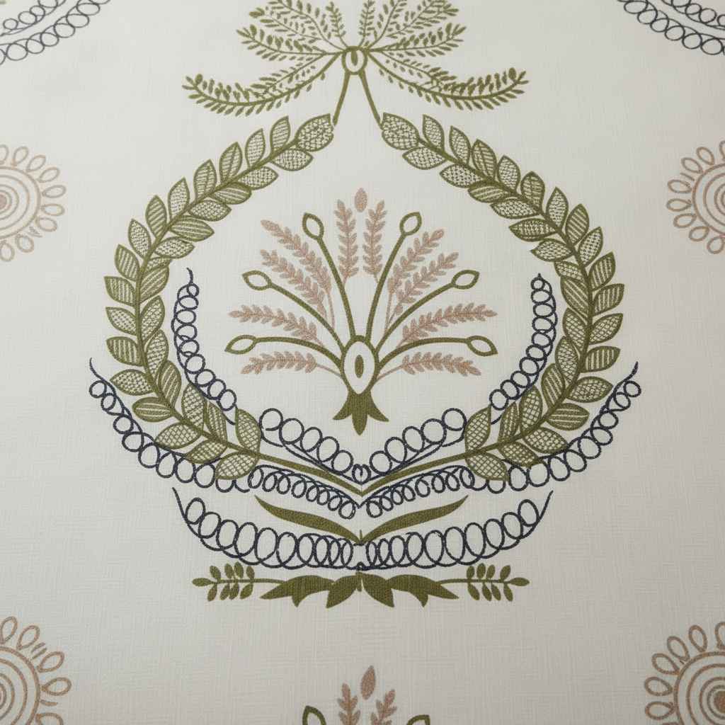 Double Bed Bedsheet – Botanical Wreath Print | White & Olive Green