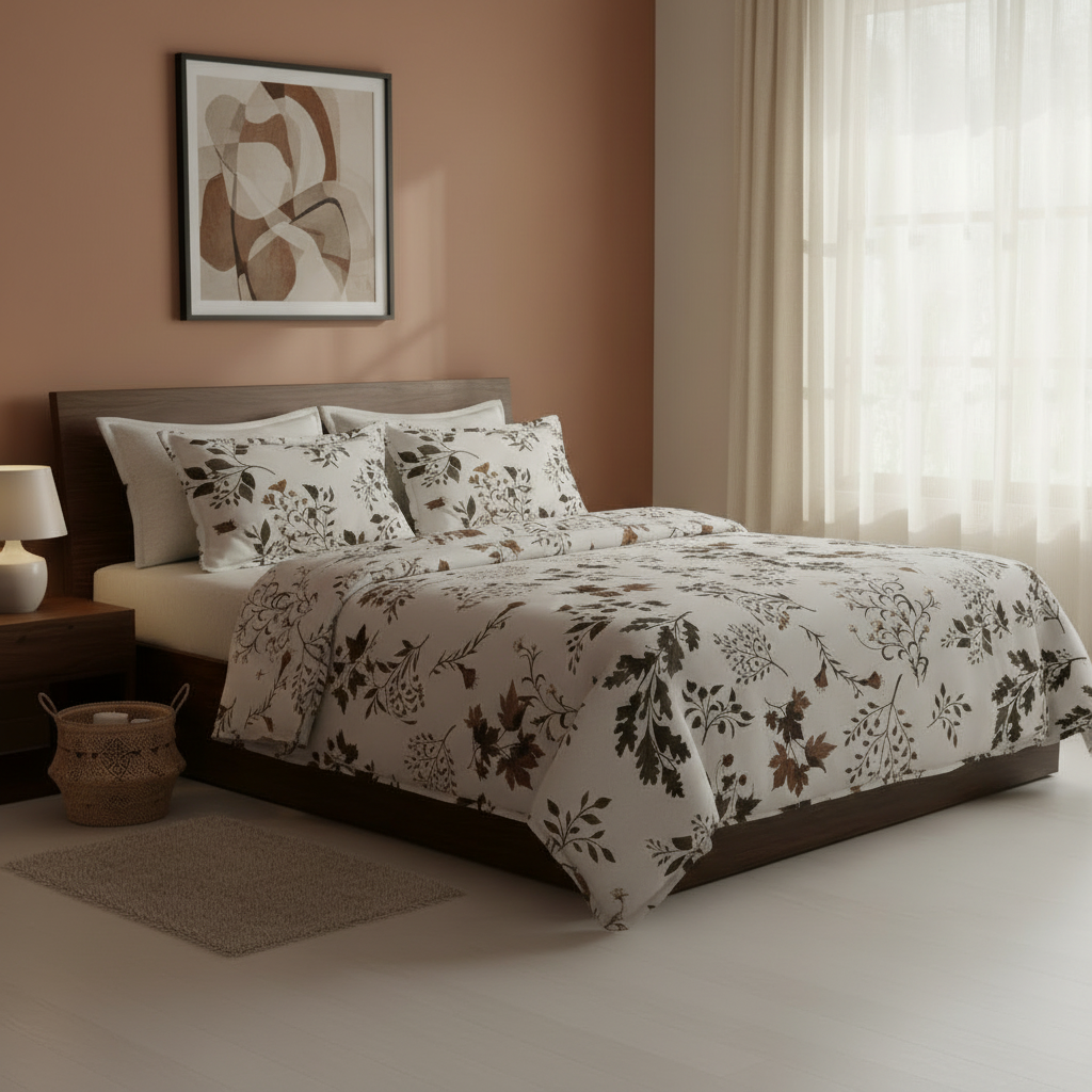 King Size Bedsheet Set - Designer Collection | 108x108 Inches | 1 Bedsheet + 2 Pillow Covers | Artistic black and brown leaf patterns