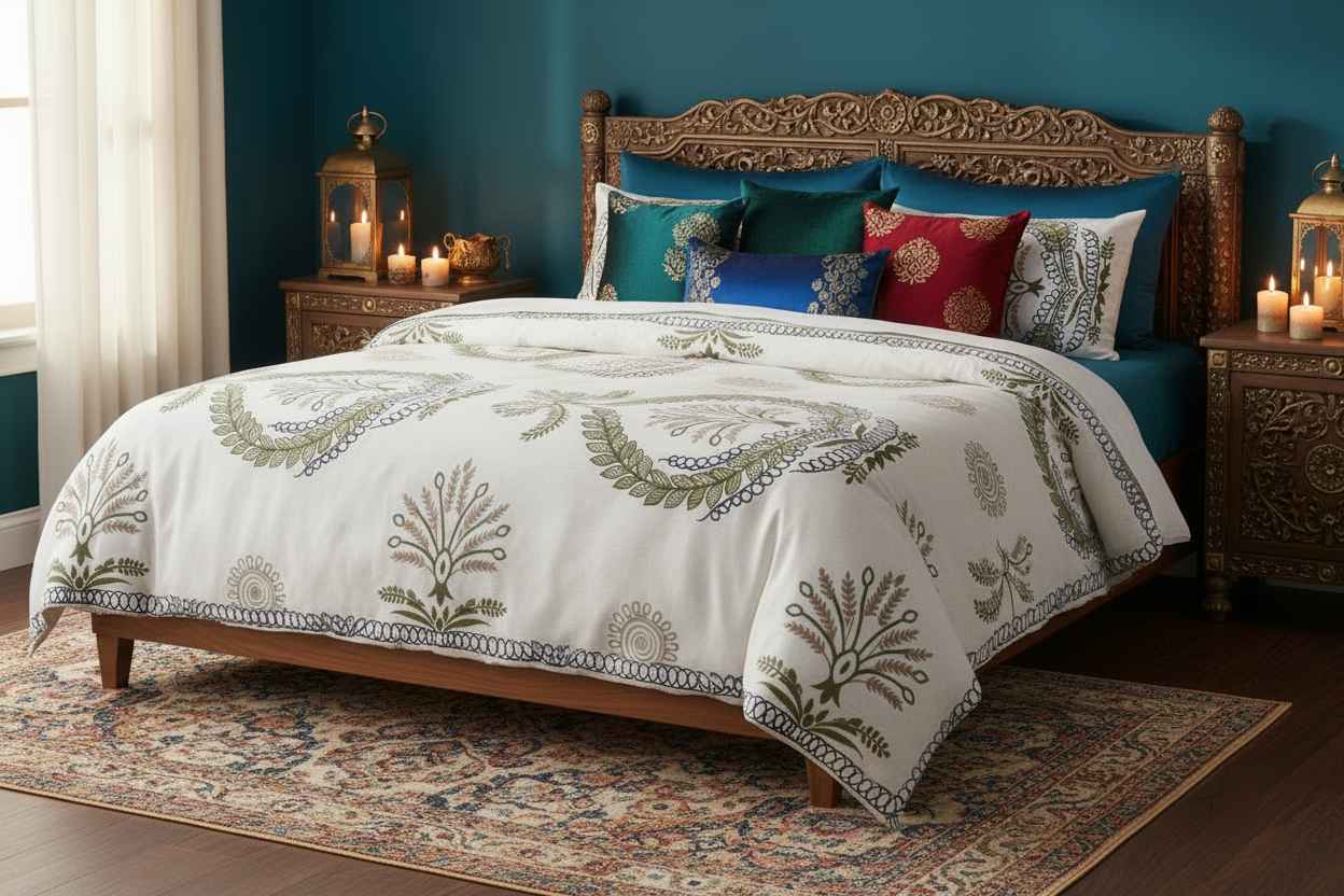 Double Bed Bedsheet – Botanical Wreath Print | White & Olive Green