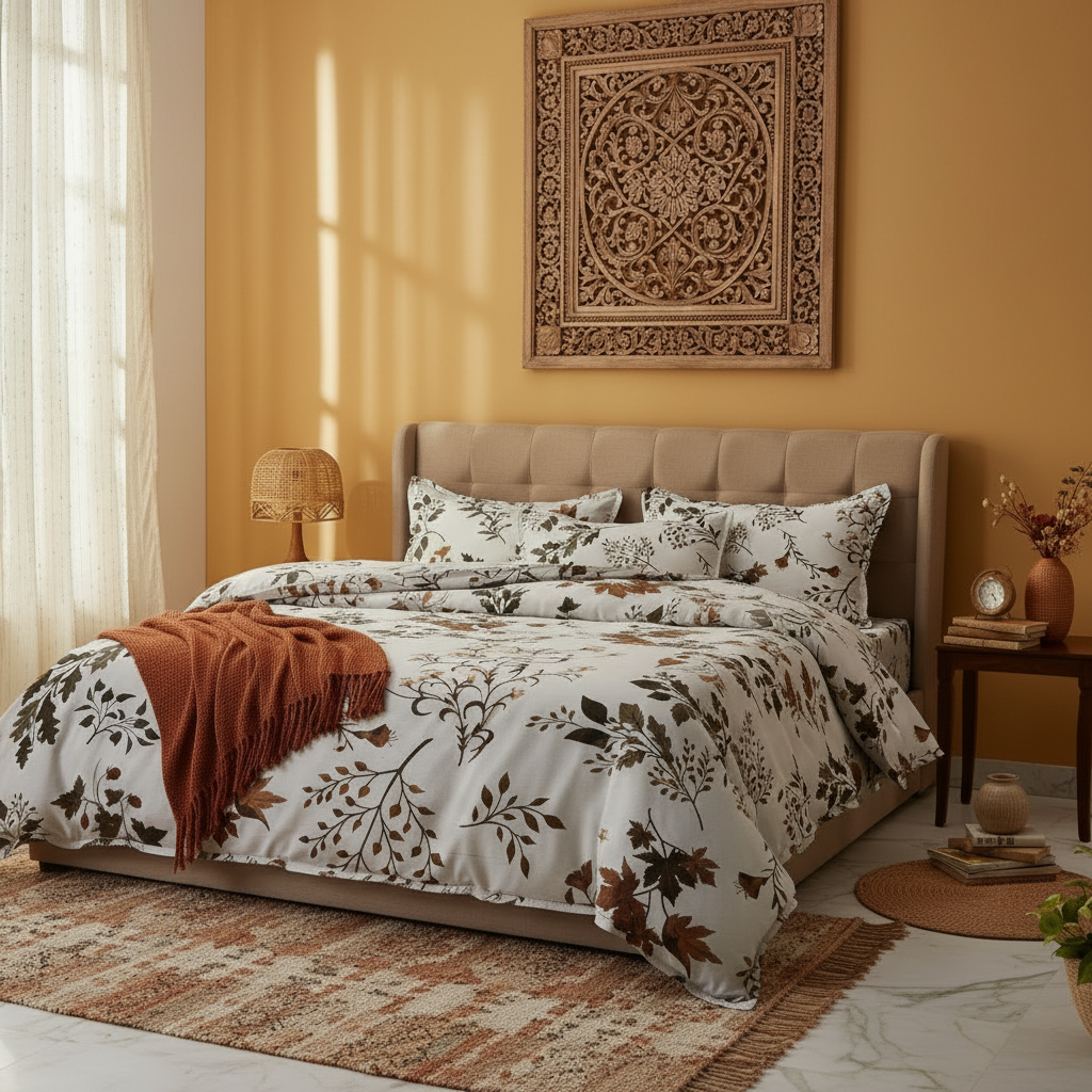 King Size Bedsheet Set - Designer Collection Artistic black and brown leaf patterns